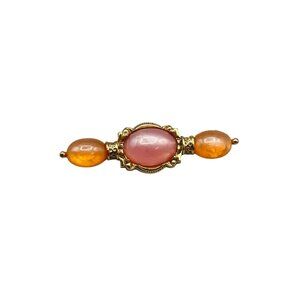 Vintage 1928 Brand Pin Brooch Bar Pin Pink Orange Cabochons And Gold Tone